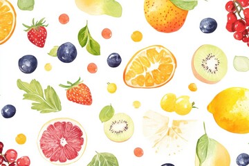 colorful watercolor fruit pattern with citrus, berries, and tropical fruits on white background for horticultural and decorative designs
