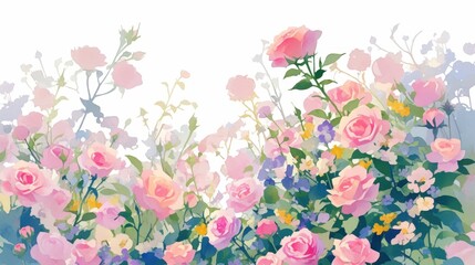 Vibrant watercolor composition of a rose garden with lush pink flowers and green foliage, isolated on white background for postcards, banners