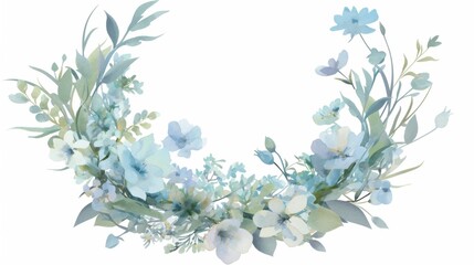Floral wreath with pale blue flowers and green foliage in a soft watercolor style, isolated on white for postcards, banners