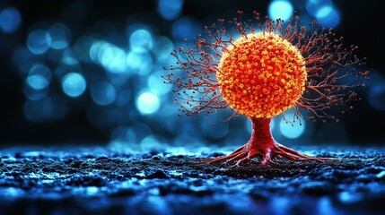 Symbolic representation of cancer cells as a growing tree, depicting the progression of cancer and the importance of awareness, growth, and research for World Cancer Day