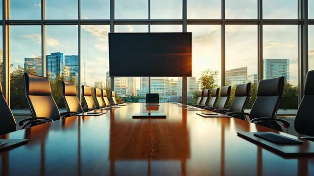 A large conference table with leather chairs sits empty in a high-rise office overlooking a city skyline during the golden hour