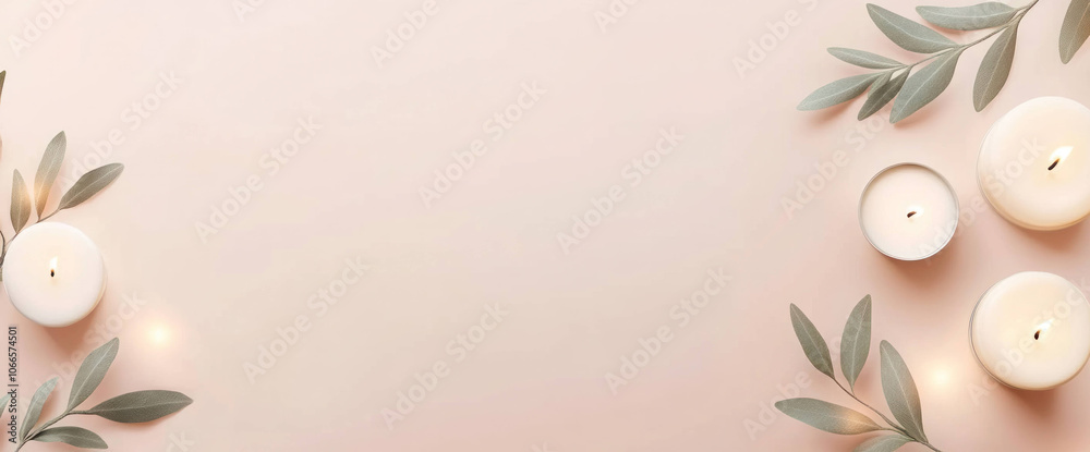 Poster serene candles and green leaves arranged on soft pastel background create calming atmosphere perfect
