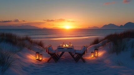 A romantic Valentine's Day beach setup with a table for two, surrounded by lanterns, soft blankets, and a beautiful sunset, creating an unforgettable evening by the sea 