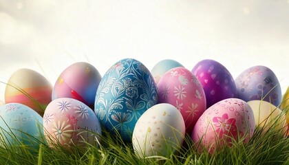 Group of easter eggs painted on white background Easter background 3D rendering 