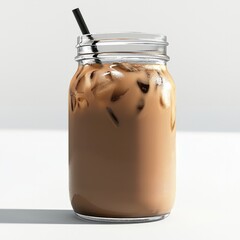 Low Poly 3D Render of a mason jar of iced coffee, on isolated white background