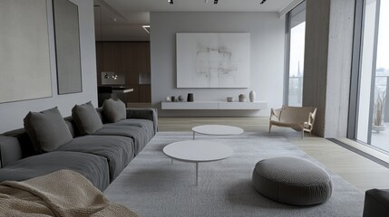 Modern Living Room Interior Design with a Grey Sofa, White Coffee Tables, and a Rug