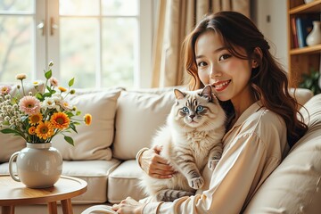 Ai giovane ragazza cinese con gatto sul sof&agrave; 04