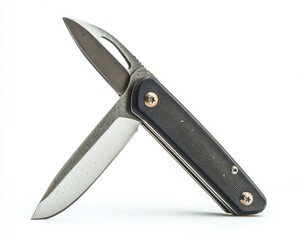 Close-up of a pocket knife with a black handle and a silver blade, isolated on a white background.