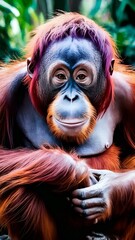 Portrait of an orangutan sitting on a tree stump in a lush forest background with green leaves and orange flowers.