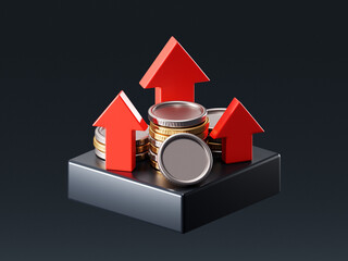 Inflation money finance business investment on 3d bankruptcy background of economy recession financial currency concept. High price crisis value exchange up arrow gold coin wealth risk sale strategy.