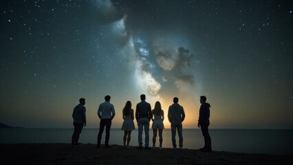 Fototapeta premium Group of friends stargazing at night on a beach under the milky way