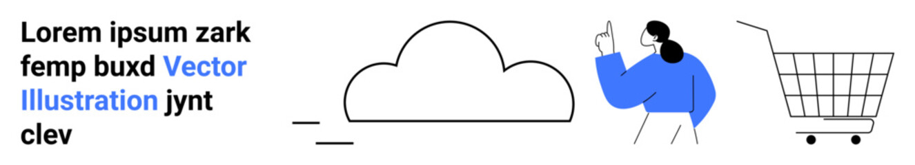 Cloud icon, person gesturing with one hand, shopping cart, and placeholder text. Ideal for e-commerce, cloud services, digital products, customer support, website design, marketing materials, online