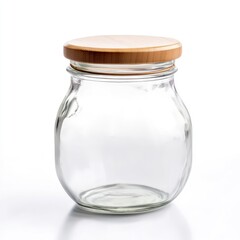 Empty glass jar with wooden lid, isolated on white background.