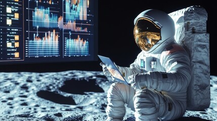 Futuristic Business Presentation on Moon by Astronaut with Holographic Charts