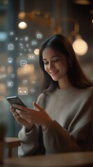 Young woman using smartphone with social media icons floating above, enjoying online communication and digital marketing apps in cozy cafe atmosphere