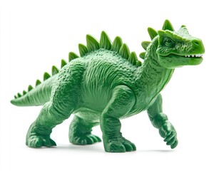 Green plastic dinosaur toy isolated on a white background.