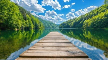 Scenic Lake View with Dock Under Blue Sky