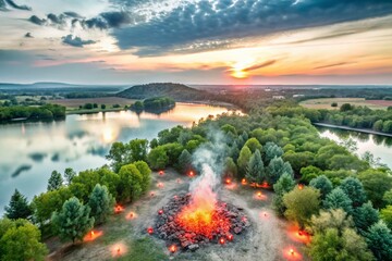 Obraz premium Aerial View of Glowing Embers at Dusk, Capturing the Essence of Warmth and Serenity in Nature's Embrace, Ideal for Cozy Moments and Tranquil Settings