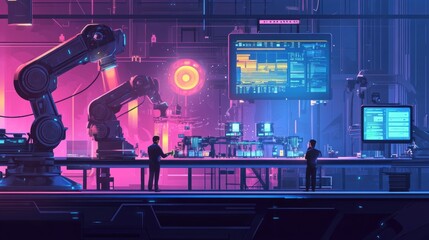 Engineers working in a modern, AI-powered factory with robotic arms assembling products
