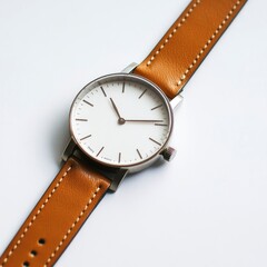 Minimalist wristwatch with a white face and brown leather strap on a white background.