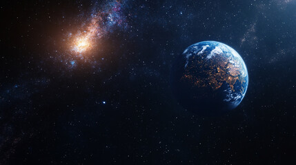 Fototapeta premium Stunning view of Earth from space, highlighting vibrant colors and city lights at twilight