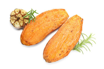 Halves of tasty cooked sweet potato, rosemary and garlic isolated on white