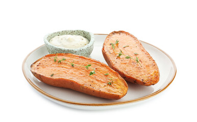 Halves of tasty cooked sweet potato with thyme and sauce isolated on white