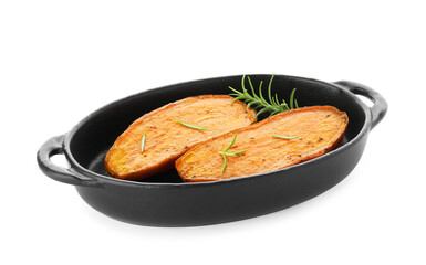 Halves of tasty cooked sweet potato with rosemary in baking dish isolated on white