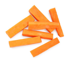 Pieces of raw sweet potato isolated on white, top view