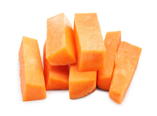 Pieces of raw sweet potato isolated on white
