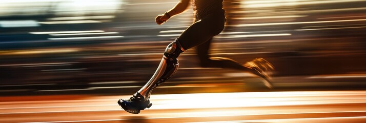 An athlete runs swiftly on a track, showcasing their prosthetic leg as they compete, surrounded by cheering crowds and bright sunshine. Generative AI