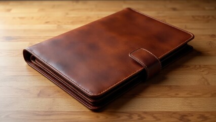 Stylish leather folder organizer with a classic design, lying on a wooden desk, ideal for presentations.