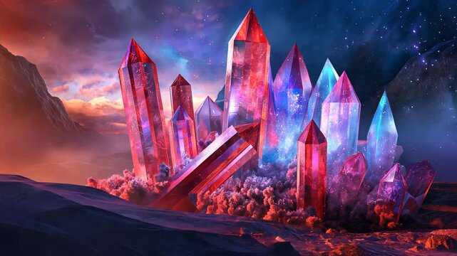 ethereal surreal landscape, quartz crystal chard and crystal pillar under gradient whimsical sky