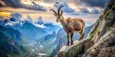 Obraz premium Agile Mountain Goat on Rocky Ledge: Resilience of Wildlife in Rugged Terrains, Nature's Beauty, Animal Portrait, Majestic Landscape, Wildlife Conservation, Outdoor Adventure, Alpine Habitat