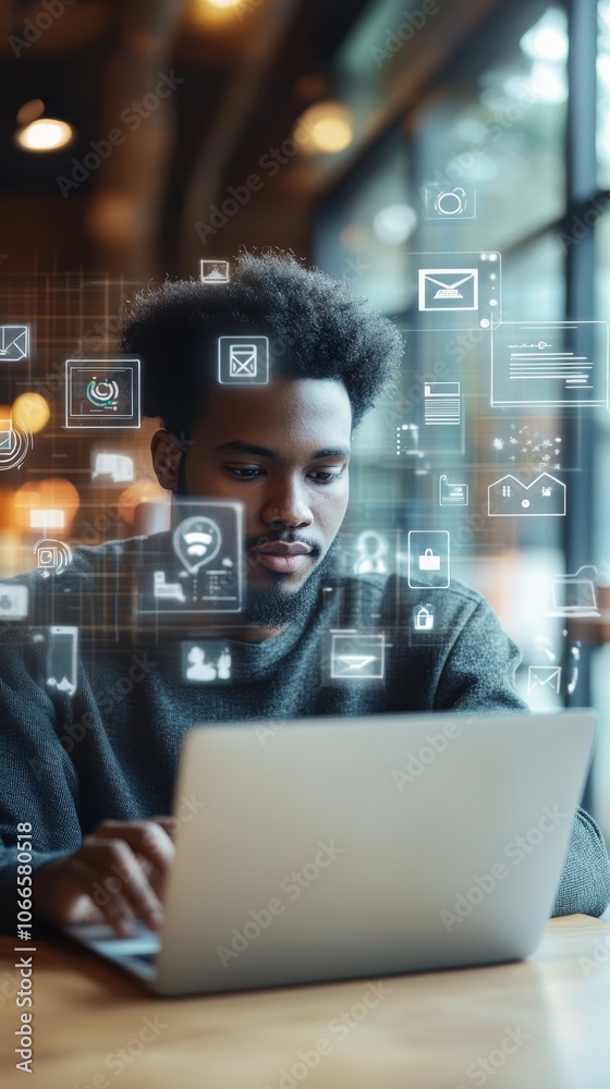 Poster african american software developer is working on a laptop in a modern office with augmented reality
