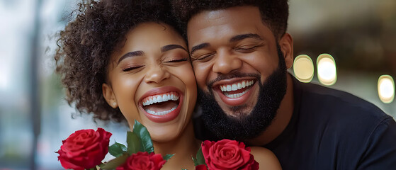 Romantic couple laughing together holding roses
