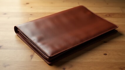 Minimalist document folder organizer mockup in premium leather, ideal for branding on wood background.