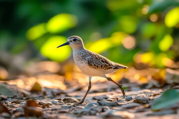 Macro shot of a sandpiper bird walking on the ground, with shallow depth of field, soft lighting, and a blurred background with green leaves and foliage.