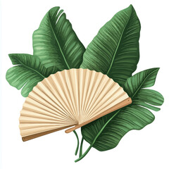 Illustration of a fan made of tropical leaves on a white background 
