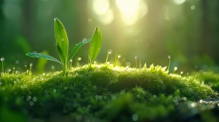 Tiny Water Droplets on Moss in Nature's Glow