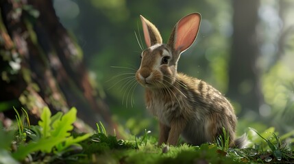 Fototapeta premium Adorable Rabbit Sitting in a Lush Forest Setting