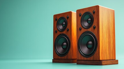 Two vintage wooden speakers on a teal background.