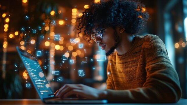 Young african american software developer working at night on a laptop with augmented reality social media and app icons