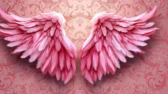 Pink angel wings against a delicate floral pattern