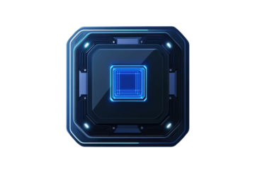 Futuristic technological button with blue glowing accents on a dark background.