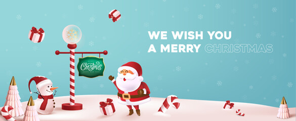 Merry christmas and happy new year greeting card with cute funny Santa Claus and Cute snowman standing in north pole winter christmas landscape snow falling