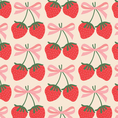 Seamless pattern red strawberries with pink ribbon bow style.