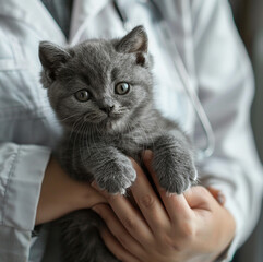 Banner Veterinarian doctor with small gray Scottish kitten in his arms in medical animal clinic.