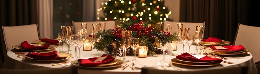 Festive Christmas Dinner Table Setting with Gold and Red Accents