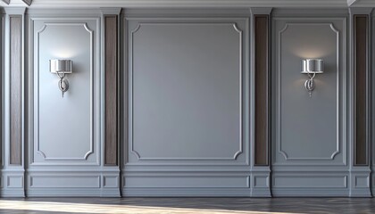 Classic elegant interior in 3D with grey walls, wooden panels, and sleek silver lighting.